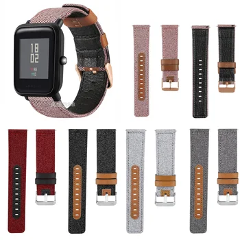 

20mm Canvas Fabric Strap Band Genuine Leather for Huami Amazfit Bip Smart Watch Replacement Fashion watchband Wrist strap Loop