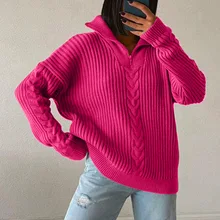 

Fashion Splicing Loose Sweater Casual Fall/winter Solid Color Sweater Solid Zipper Turn Down Collar Pullover Elegant Femme Knit