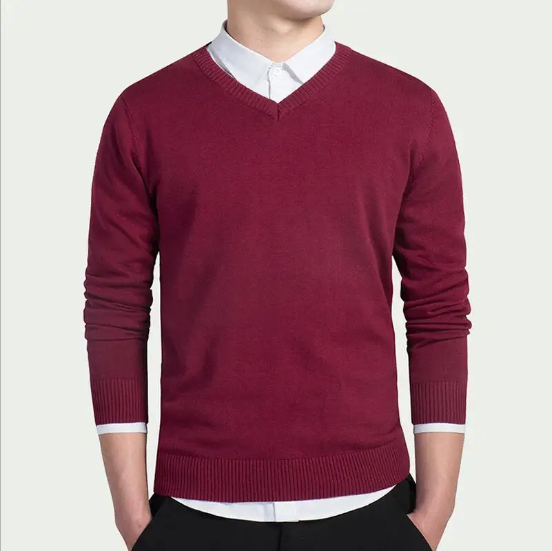 Мужской модный бутик чистого цвета хлопковый кардиган с v-образным вырезом формальный деловой вязаный свитер мужской свитер - Цвет: Jujube red