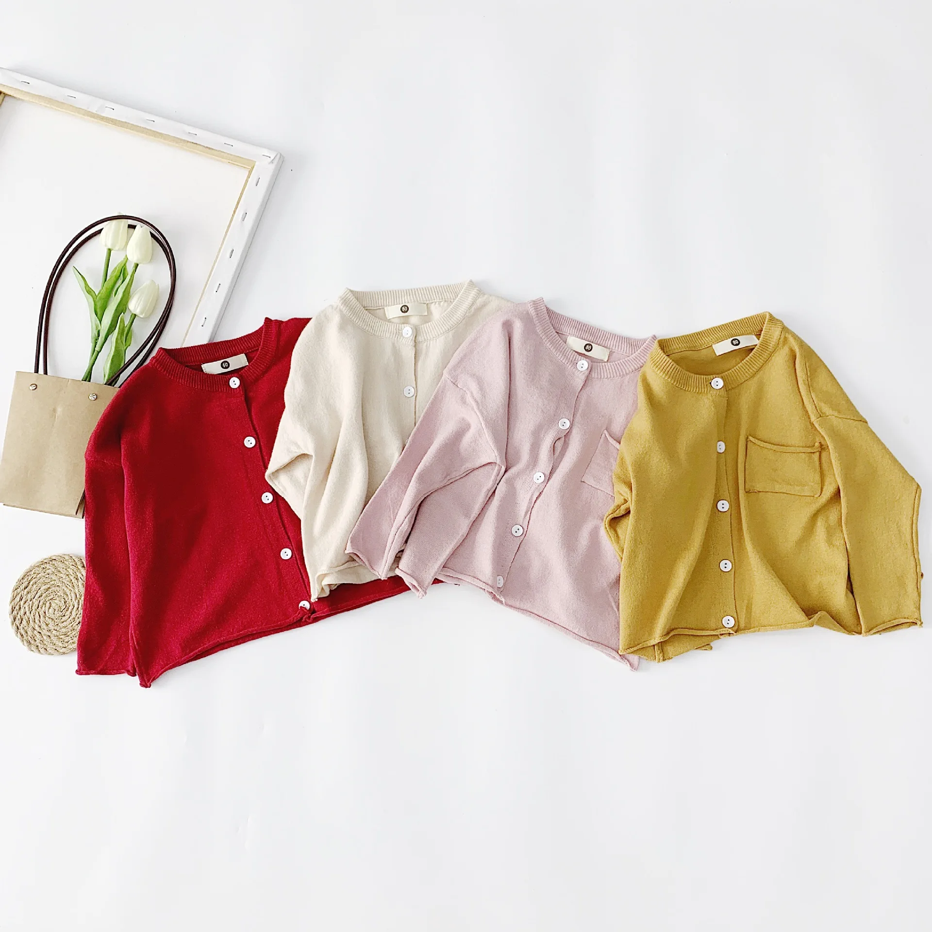 Simple Style Baby Knitted Sweater Korean Toddler Baby Boys Girls Solid Color Cardigan Sweaters Kids O- Neck Sweater with Pocket