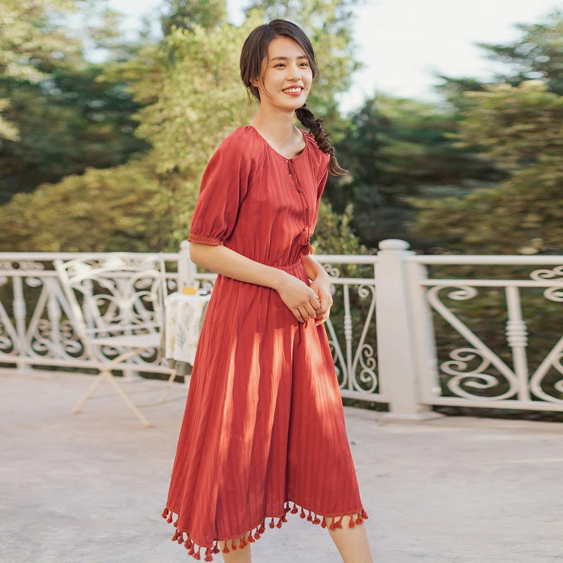 INMAN 2020 Summer New Arrival Literary Lace-up Round Collar Nipped Waist Tassels Hemline Pure Color Dress INMAN 2020 Summer New Arrival Literary Lace-up Round Collar Nipped Waist Tassels Hemline Pure Color Dress