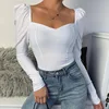 Elegant Square Collar Women Autumn Shirts Solid Color Puff Sleeve Slim Blouses Tops Sexy V-neck Long Sleeve Shirt ► Photo 2/6