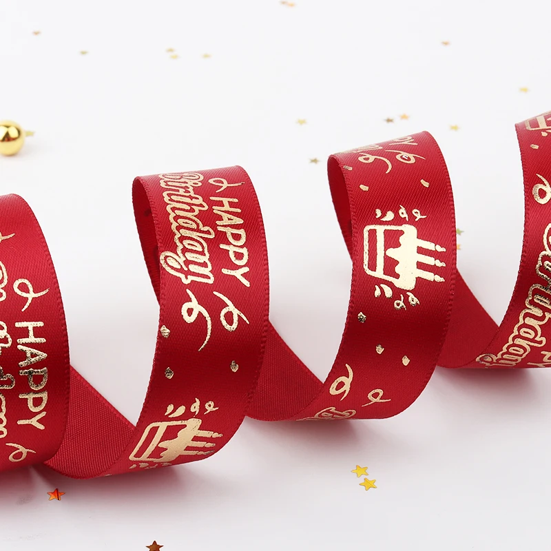 5Yards Gilding Happy Birthday Satin Ribbons Printed Handmade Birthday Gifts Box Packaging Craft Accessories Party Baking Decor satin ribbons satin ribbon ribbon decoration ribbon supplies wrapping ribbon