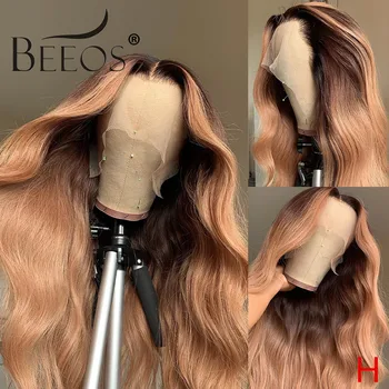 

Beeos 150% 360 Lace Front Human Hair Wig Wavy Ombre Blonde Color Pre Plucked Bleached Knots Brazilian Remy Hair