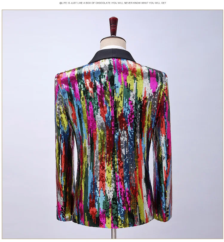 Shiny Rainbow Sequin Shawl Collar Suit Jacket Men Bling Glitter Nightclub Prom Blazer Jacket Male Stage Clothes for Singers 2XL 2