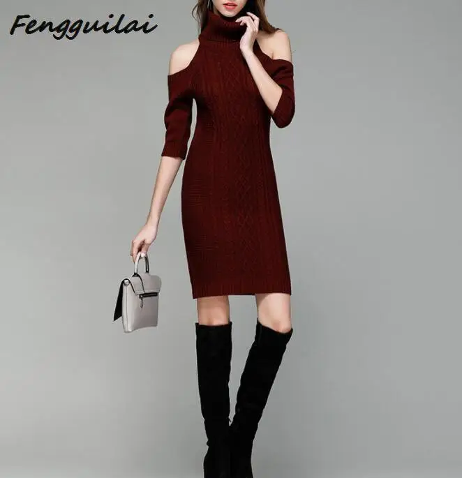FENGGUILAI Autumn Winter Sexy Off Shoulder Turtleneck Sweater Dress Women Vintage Twisted Half Sleeve Long Pullovers Jumpers FENGGUILAI Autumn Winter Sexy Off Shoulder Turtleneck Sweater Dress Women Vintage Twisted Half Sleeve Long Pullovers Jumpers