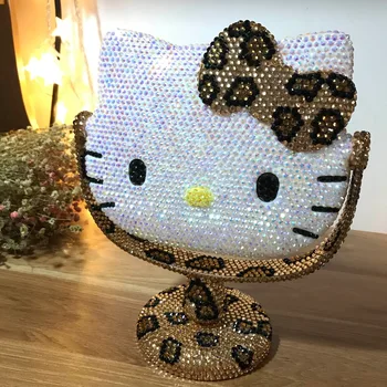 

Handmade Leopard KT Dressing Mirror Rhinestone Helloo Kitty Makeup Portable Small Decorative Mirrors Table Makeup Decor Cute Cat