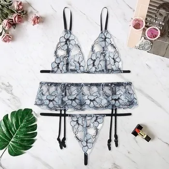

Women Embroidery Lace Lingerie Underwear Sleepwear Thong Garter Sexy Bra Sets Deep V Wire Free Bras And Panty Set Ladies Bras