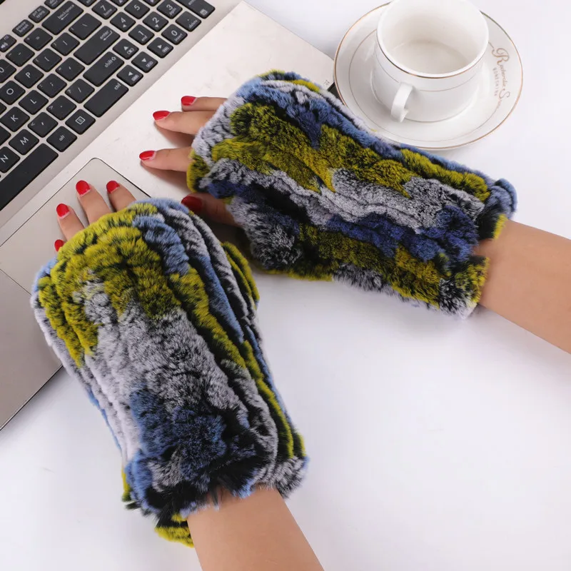 Multi-Color 3 Женские настоящий мех кролика вязаные перчатки женские зимние теплые митенки без пальцев пушистые мягкие - Цвет: Multi-Color 3
