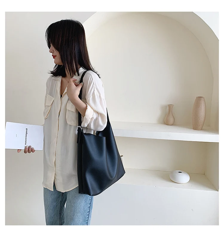 High Capacity Solid Color Pu Leather Bucket Bags Over Shoulder Women Quality Luxury Shoulder Bag Lady Simple Handbags
