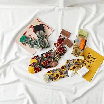 

1 Pair Women Flower Sock Summer Lace Crystal Glass Silk Socks Short Thin Transparent Roses Jacquard Elastic Ultrathin Socks