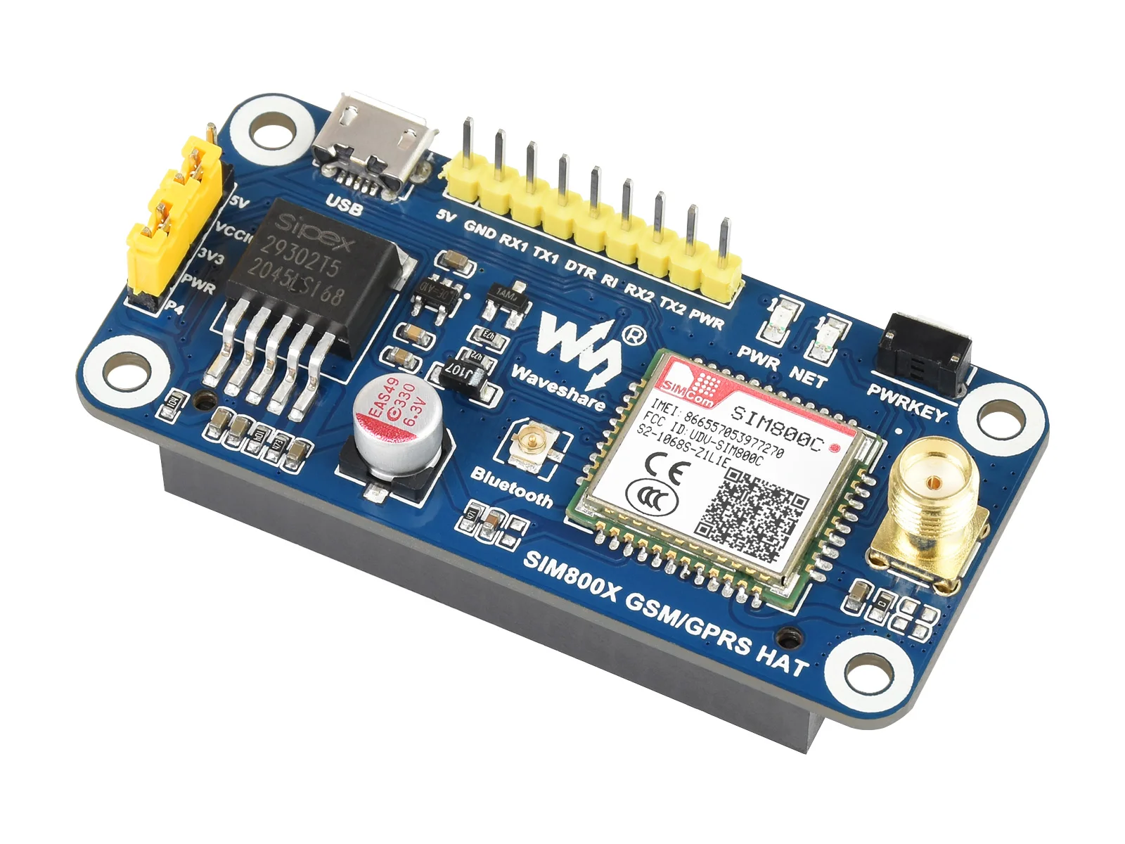 Waveshare SIM800C GSM/GPRS/Bluetooth HAT For Raspberry Pi,2G Communication,Bluetooth Data Transmission,Supports SMS,GPRS,DTMF