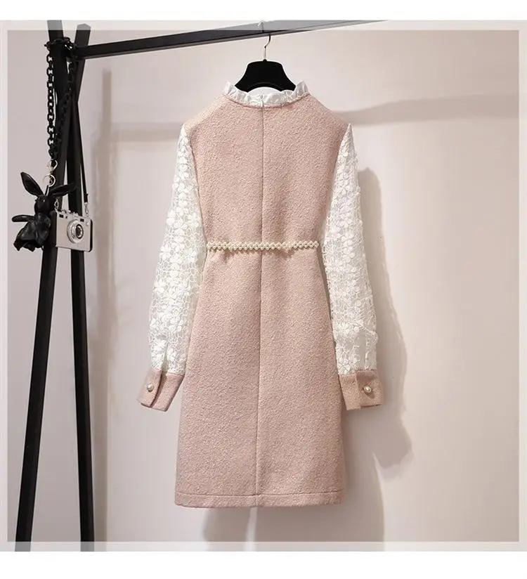 ICHOIX зимнее шерстяное платье с кружевными рукавами элегантное розовое женское платье повседневное платье миди с жемчужным поясом милые корейские платья с длинным рукавом