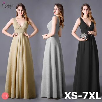 

Plus Size Double V-neck Evening Dress A-line Sleeveless Floor-length Pleated Dress with Sashes Party Gown Robe De Soiree 2020