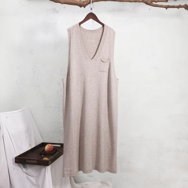 

Johnature Women Clothes 2019 New Autumn Vintage Dress Loose Sleeveless Solid Color Knee-length V-neck Comfortable Women Dress