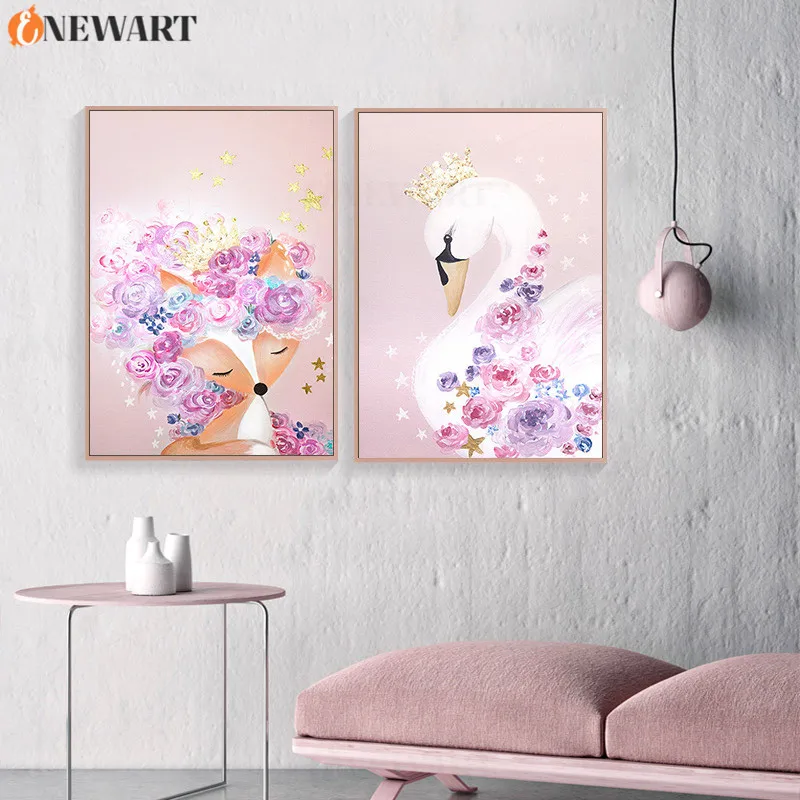 Pink Wall Painting for Nursery Nodic Decor Cartoon Fox Swan Prints Poster Kids Room Decoration Decorative Art Picture | Дом и сад