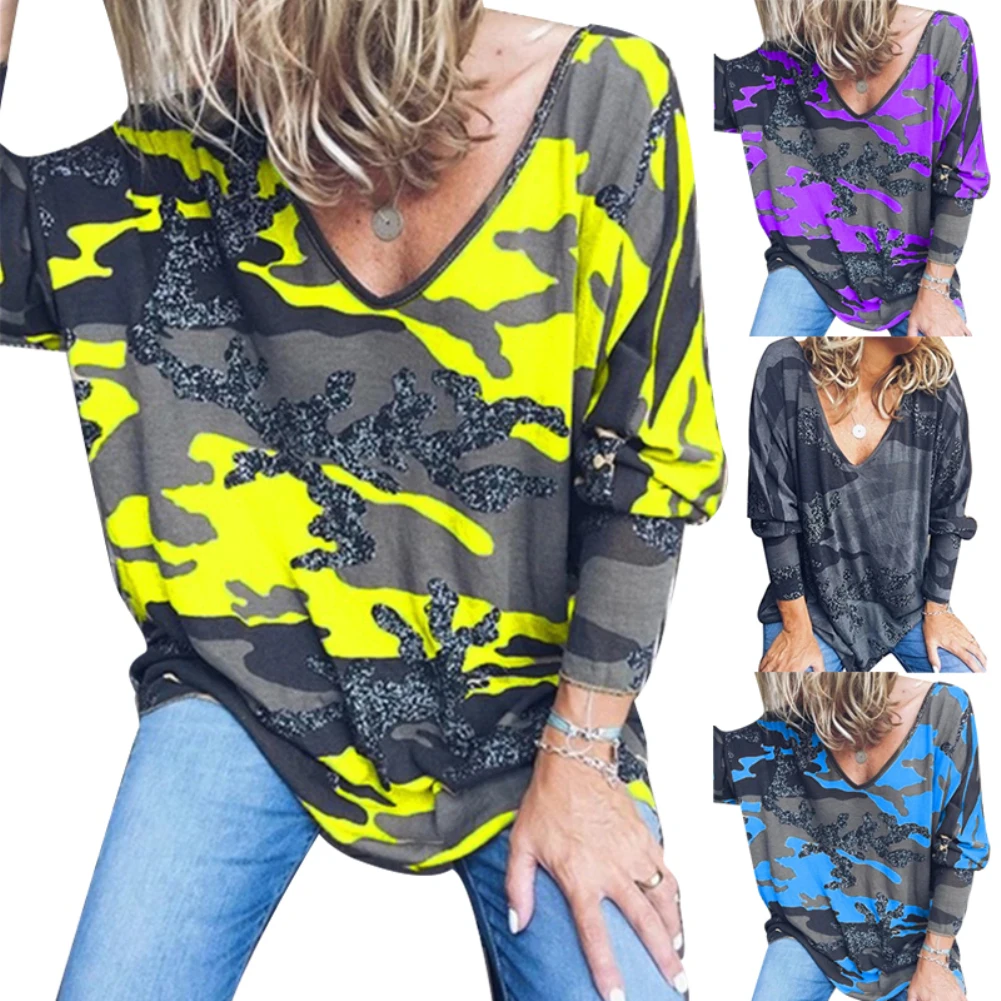 Размера плюс пикантные Camiseta de с капюшоном и Куэльо en V y estampado de camuflaje suelto неофициальных para mujer de otoño