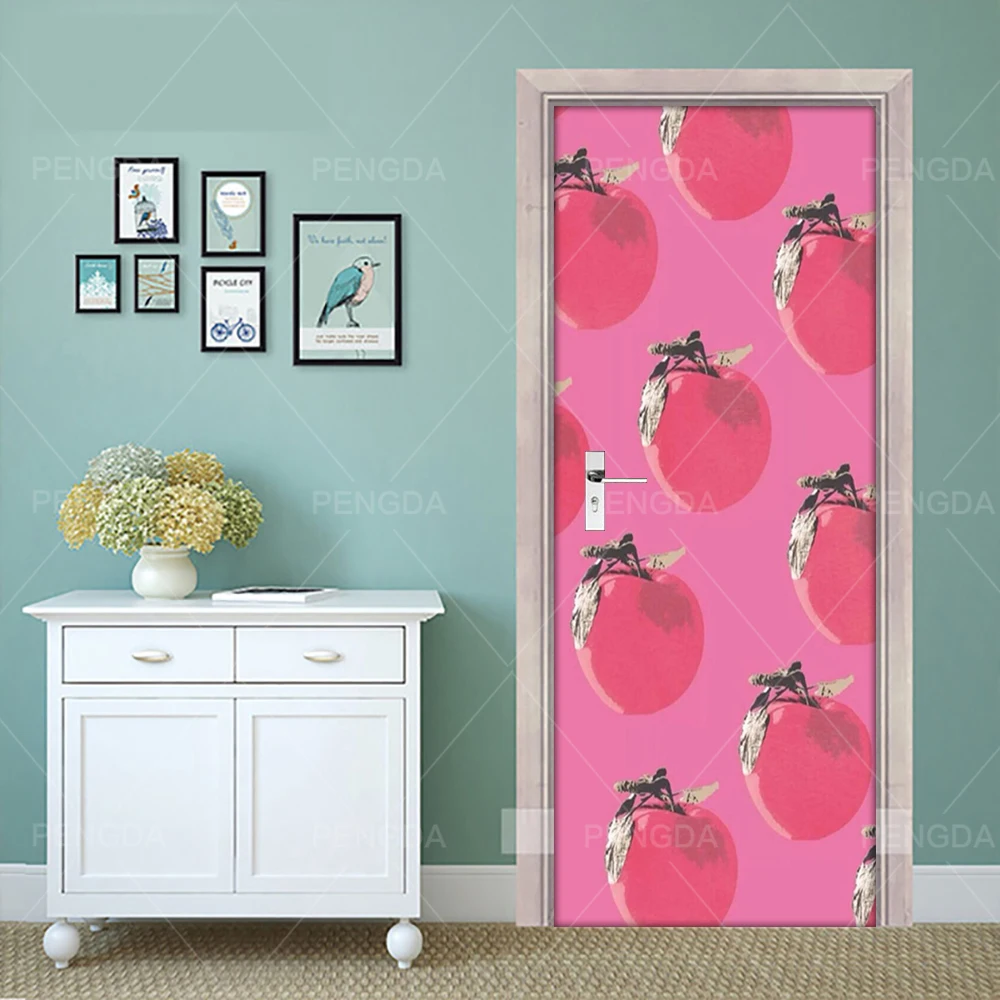 Обои самоклеющиеся двери Яблоко Фрукты Розовый DIY Фреска водонепроницаемый стикер печать картина ремонт новая Спальня украшение дома