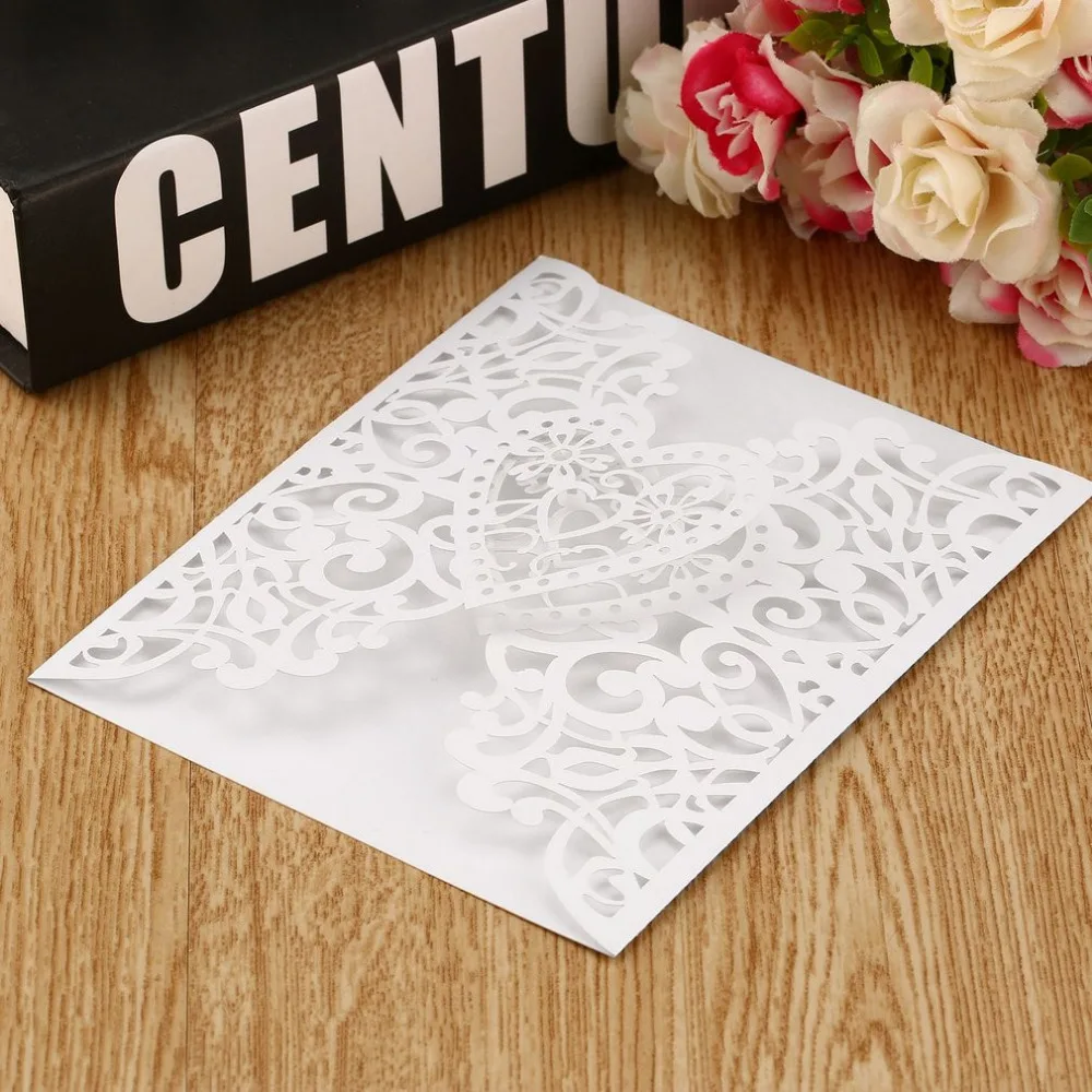  10Pcs Heart Wedding Invitation Cards Laser Cut Hollow Out Envelopes Seals Invitation Covers Wedding - 4.00041E+12