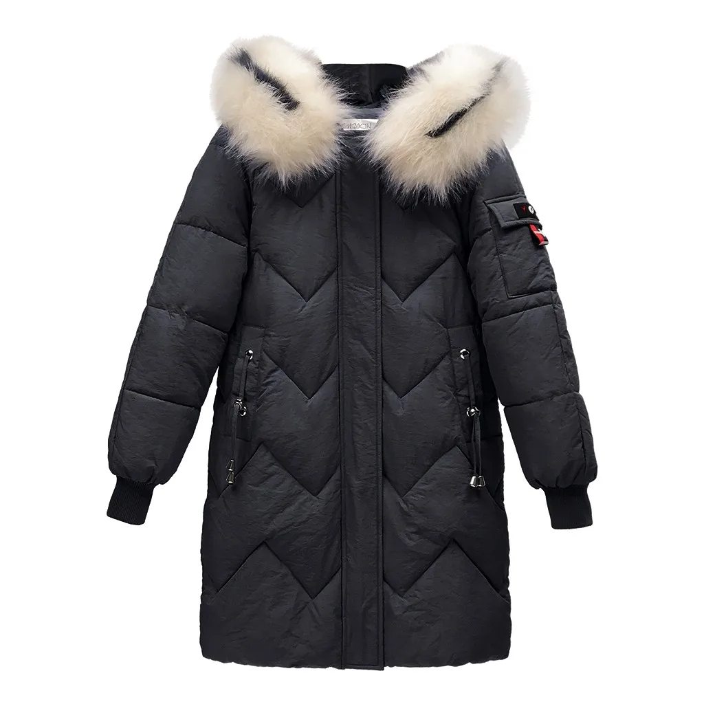 Черный Women Down Jacket With Fur Hooded Long Coat Cotton Padded Warm Parka Womens Parkas Warm Hooded Women Outerwear Parka - Цвет: Черный