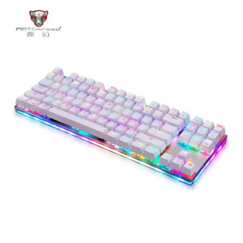 Дешево Motospeed K87S ABS USB2.0 Проводная Механическая клавиатура с RGB подсветкой синий переключатель для компьютерных игр и связывания белый 1,8 mCable