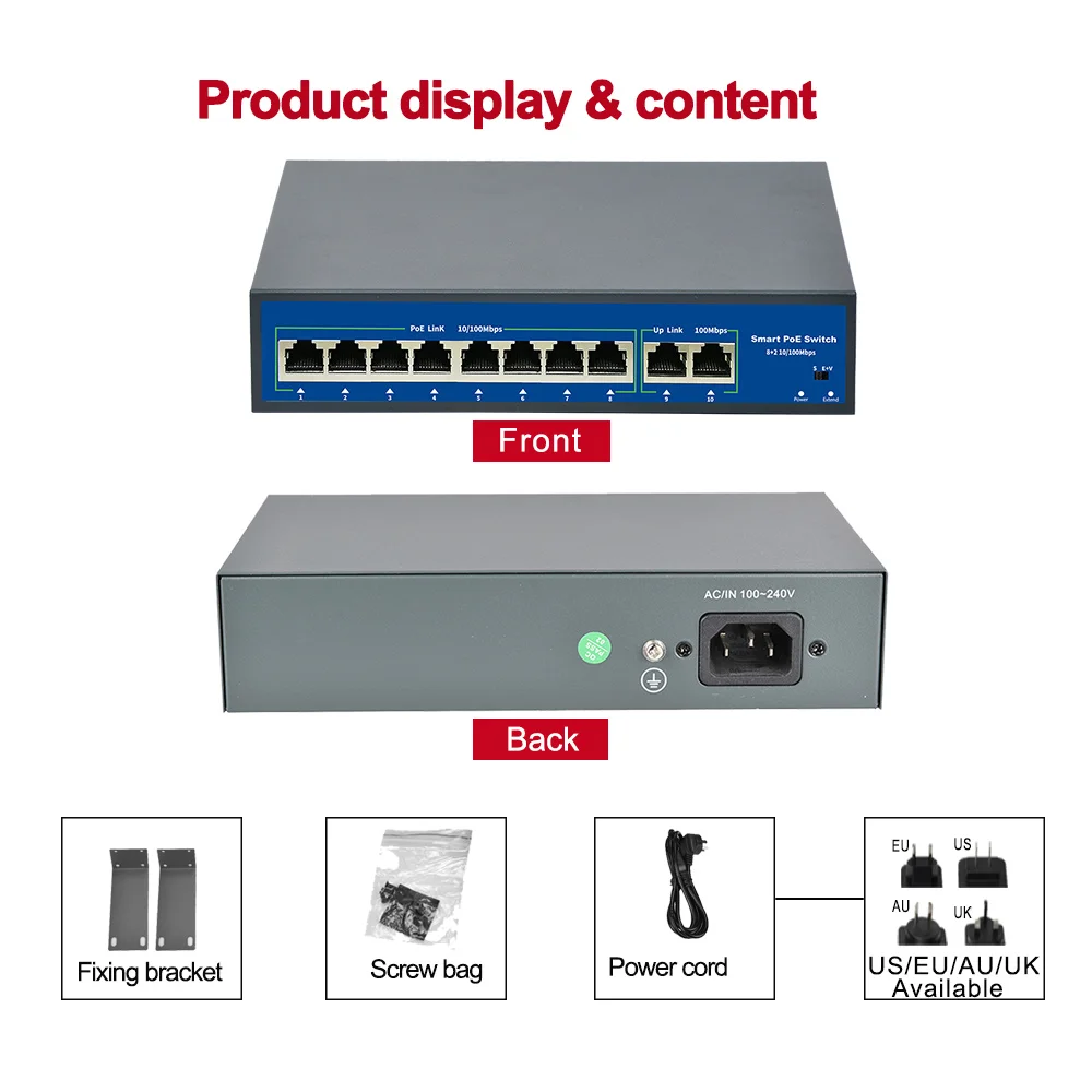 Стандартный 48V 8CH коммутатор питания через ethernet 15,4 W/30 W IEEE 802.3af/IEEE 802.3at 2 uplink Порты и разъёмы 120 Вт для видеонаблюдения POE IP Камера 250 м расстояние