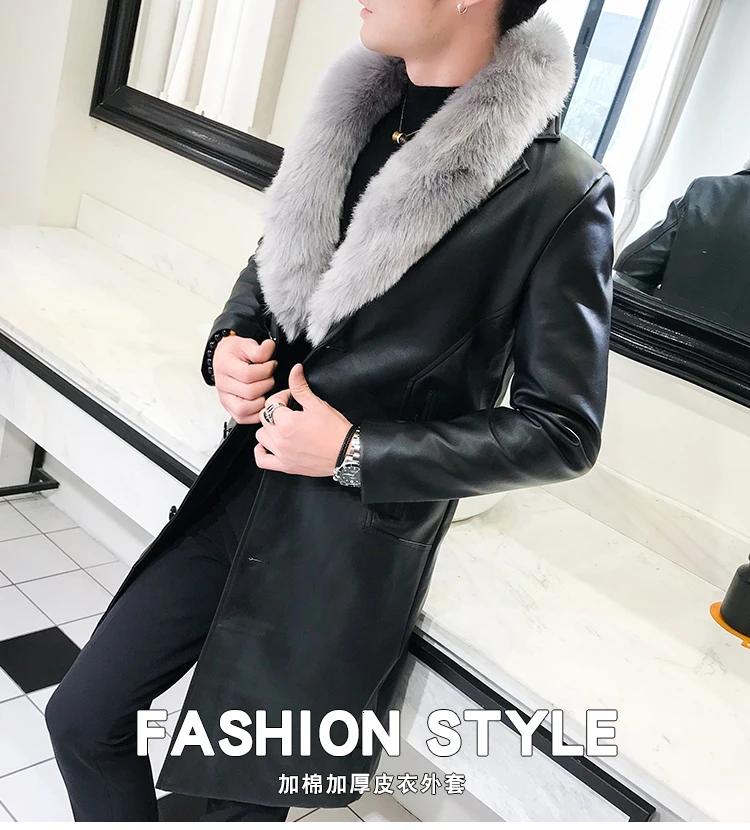 Chaqueta Cuero Hombre, большой меховой воротник, мужской Тренч из искусственной кожи, мужские пальто, новинка, роскошный жилет, Homme, облегающие длинные пальто