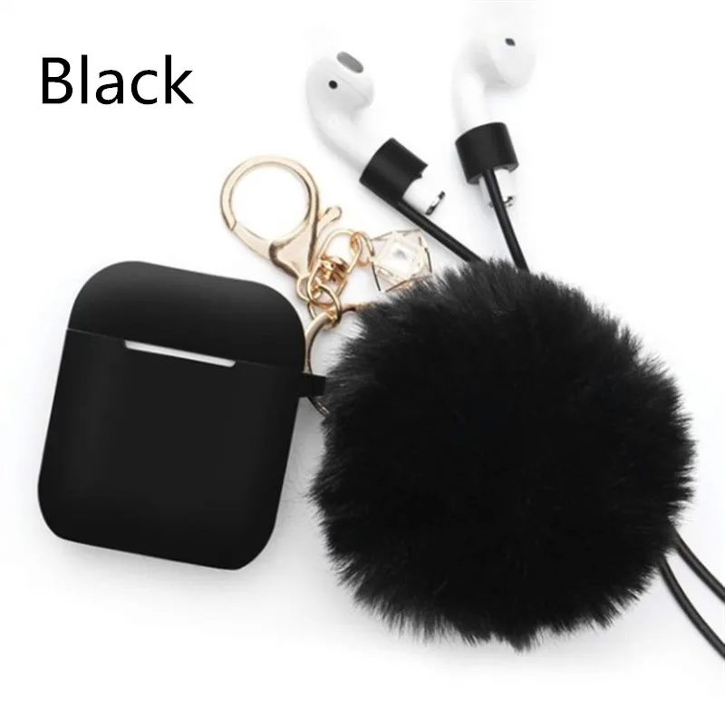 Черный Airpods защитный чехол с защитой от падения Защитный чехол силиконовый чехол милый меховой шарик Airpods брелок/ремешок Apple Airpods доступ - Цвет: Черный