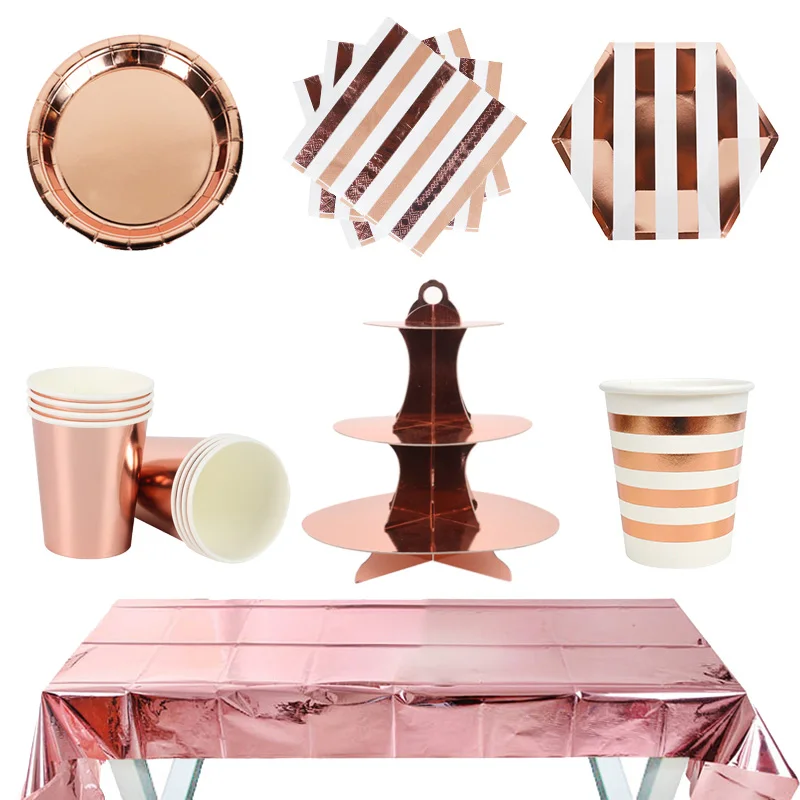 

CYUAN Rose Gold Champagne Disposable Tableware Adult Birthday Party Decoration Paper Plates Napkins Sets Party Baby Shower