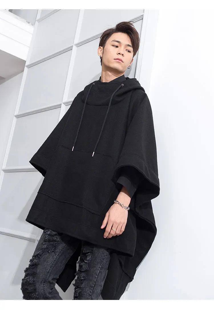 M-4XL, винтажная шерстяная накидка, Мужской плащ, куртка, летучая мышь, шаль-стиль, зимнее пальто, для студентов, темная, с капюшоном, длинная секция