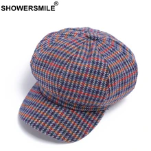 SHOWERSMILE Кепка Newsboy для женщин шерстяная темно-синяя клетчатая твидовая Кепка Габби Бейкер для мальчиков Осенняя зимняя Корейская Ретро шерстяная Женская кепка