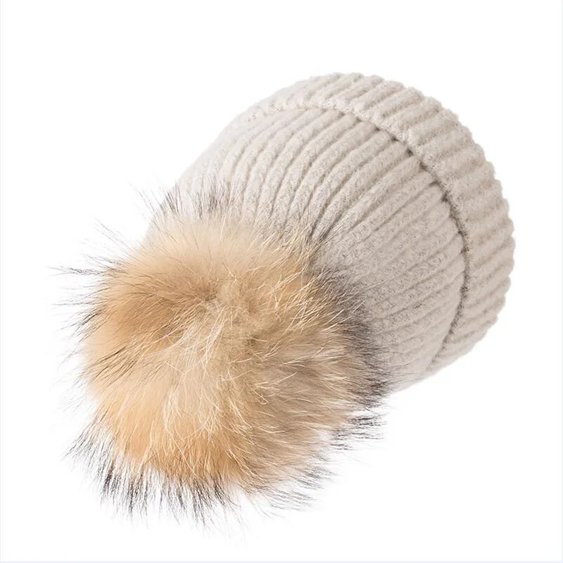 HANGYUNXUANHAO Winter Hat Women Knitted Beanie Hat Real Raccoon Fur Pompom Hat for Female Kids Warm Chunky Thick Stretchy Hat