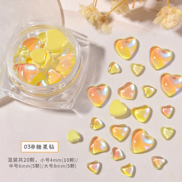 FlorVida 20pcs Sweet Heart Mermaid Rhinestone Beads Holographic Crystal Gems Stones For Nail Art Decorations Mix Size Box Kawaii 20pcs Heart 03