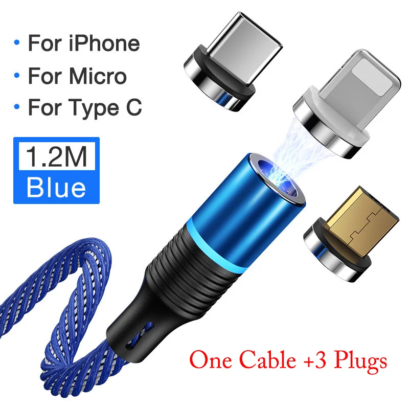 Cafele Магнитный usb-кабель светодиодный кабель для быстрой зарядки для ios type C Micro зарядный провод USB C Магнитный зарядный кабель для мобильного телефона - Цвет: 1.2M Blue