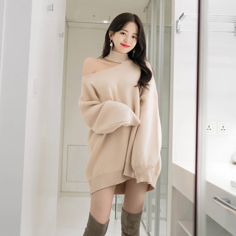 Oversized Knitted Sweater Women Halter Turtleneck Knitt Winter Jumper Korean Pullover Cold Shoulder Clothes Loose Outerwear V966