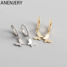 Женские серьги-кольца с бабочкой ANENJERY, серьги из стерлингового серебра 925 пробы с блестящим фианитом, ювелирные изделия из золота и серебра, подарки S-E1375 Женские серьги-кольца с бабочкой ANENJERY, серьги из стерлингового серебра 925 пробы с блестящим фианитом, ювелирные изделия из золота и серебра, подарки S-E1375