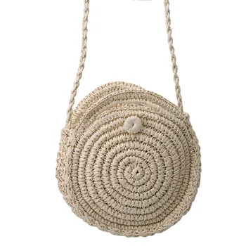 

Woven Circular Straw Storage Handbag Summer Handmade Retro Rattan Shoulder Beach Storage Bag Girls Round Messenger Storage Bags