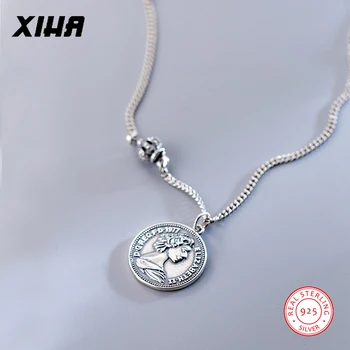 

XIHA 925 Sterling Silver Choker Necklace Women Round Tag Coin Pendant Necklaces Chunky Statement Korean Style Fashion Jewelry