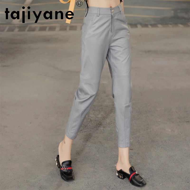 Tajiyane Pants for Women 2020 Real Sheepskin Wide Leg Pants Woman Genuine Leather High Waisted Trousers Spodnie Damskie TN1203 grey sweatpants