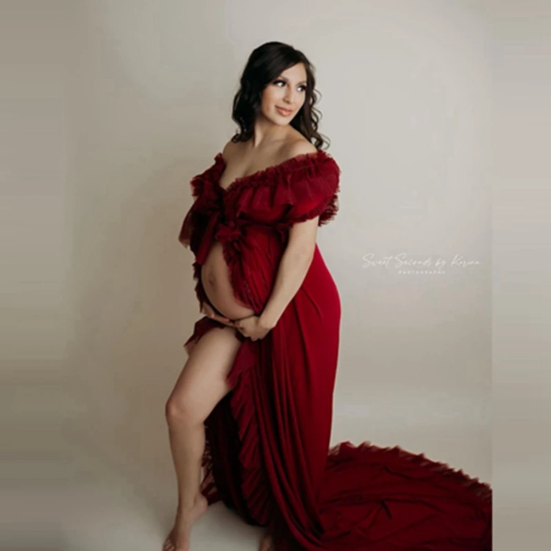 Женское платье с оборками Pretty Burgunday, длинное Сетчатое платье для беременных, Открытое Спереди, с открытыми плечами, для фотосъемки
