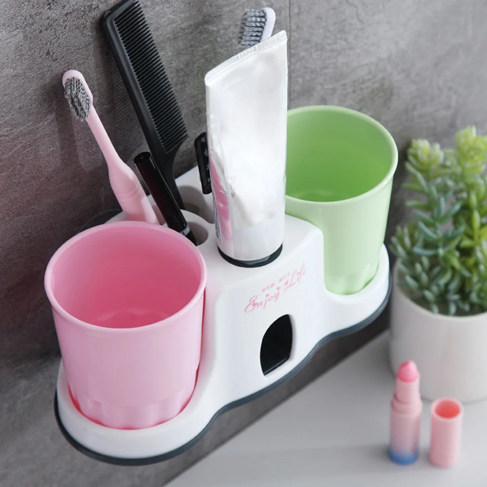 Vacuum Pressure Cute Home Toothpaste Dispenser Bathroom Accessories Toothbrush Holder Automatic Squeezer Wheat Straw With 2 Cups