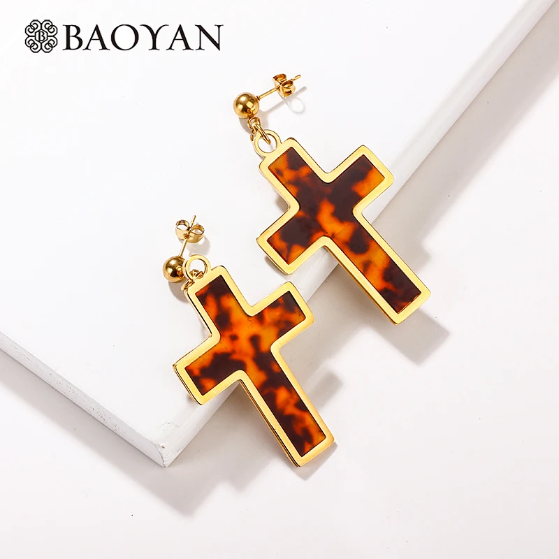 

Baoyan Gold Plating Stainless Steel Earrings For Women Trendy Acrylic Leopard Cross Earrings Drop Earrings Women Fashion Jewelry