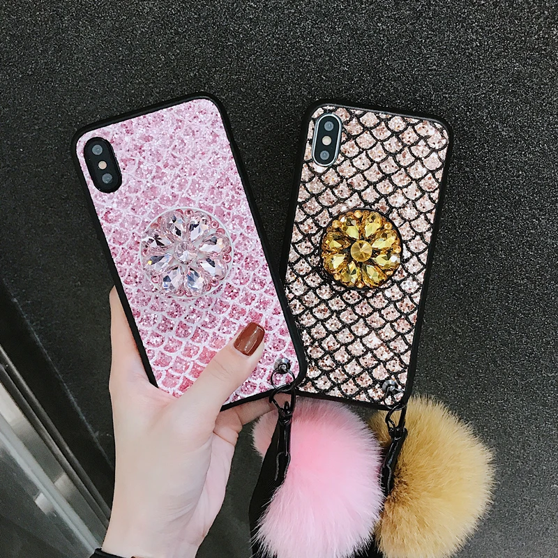 

Luxury Fish scale glitter diamond bracket silicone phone case for iphone X XR XS MAX 7 8 6S plus for samsung S8 S9 S10 Note 8 9