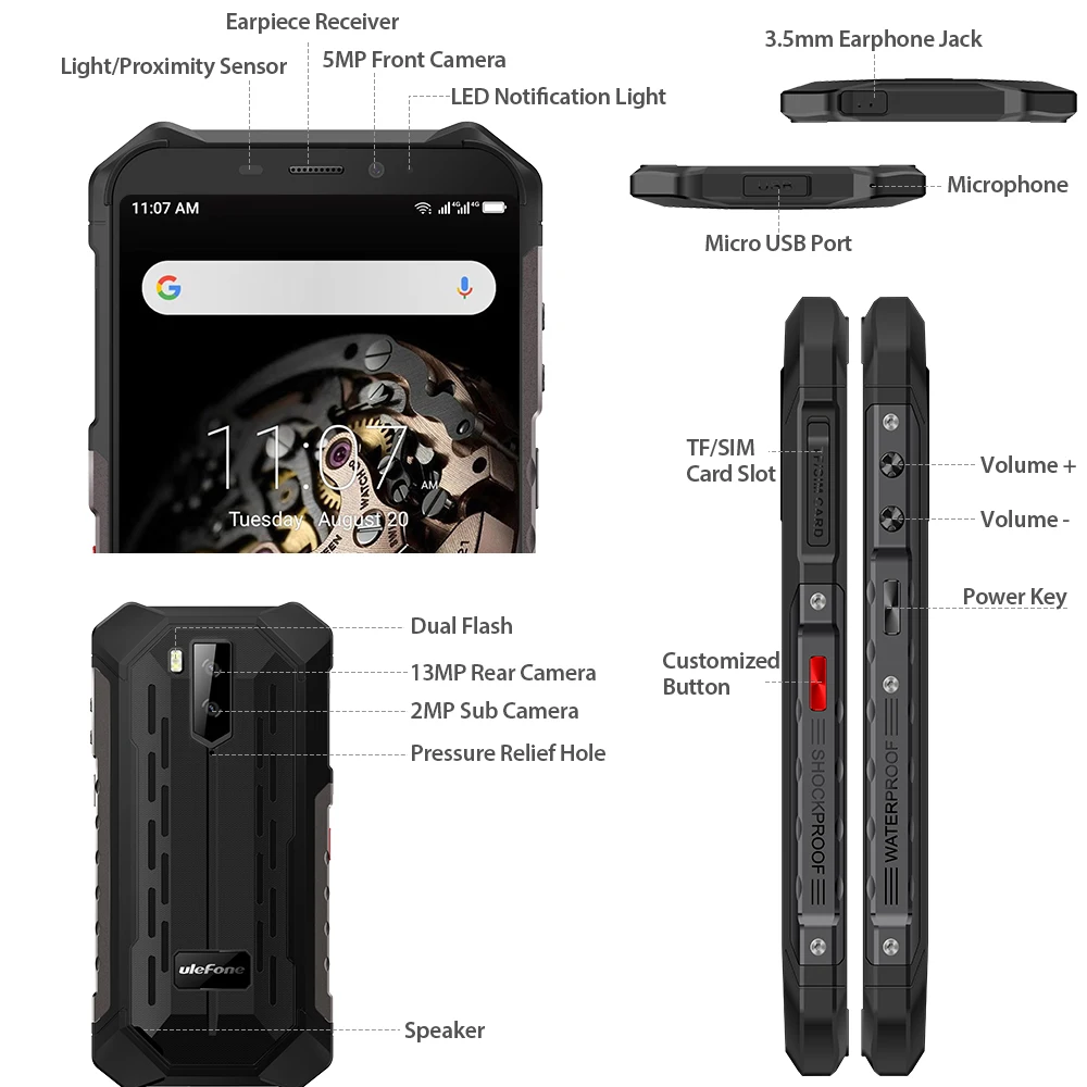  Ulefone Armor X5 IP68 Rugged Smartphone Android 9.0 5.5 inch 3GB 32GB 5000mAh Cell Phone 4G Dual SI
