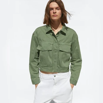 

ZA Pocket Short Coat 2019 Trendy Autumn Winter England Elegant Army Green Jacket Girls Solid Top Party Holiday Travel Wholesale