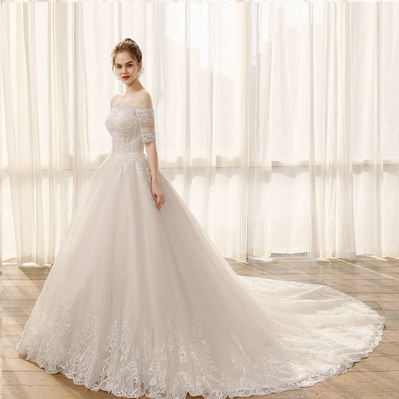 SL-6803 Customized wedding dress boat neck lace short sleeve