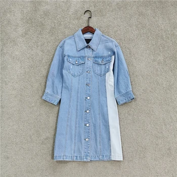

2020 New Autumn Waist Patchwork Three-quarter Sleeve Denim Dress Women