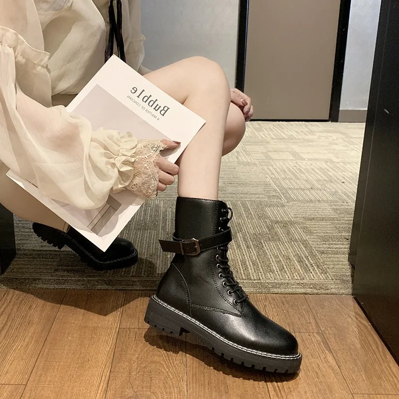 

2019 Women Winter Platform Mid Calf Boots Female Lace Up Punk Motorcycle Boot Buckle Strap Zipper Ladies Low Heel Shoes