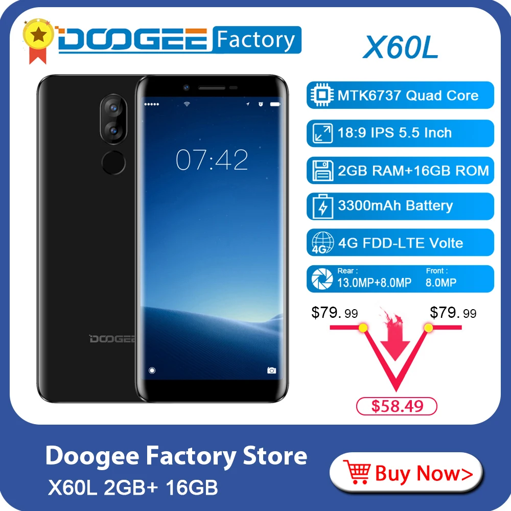 DOOGEE X60L 5 ''дюймов 2 ГБ + 16 4G LTE смартфон двойной Камера 13.0MP Android 7 0 3300 мАч