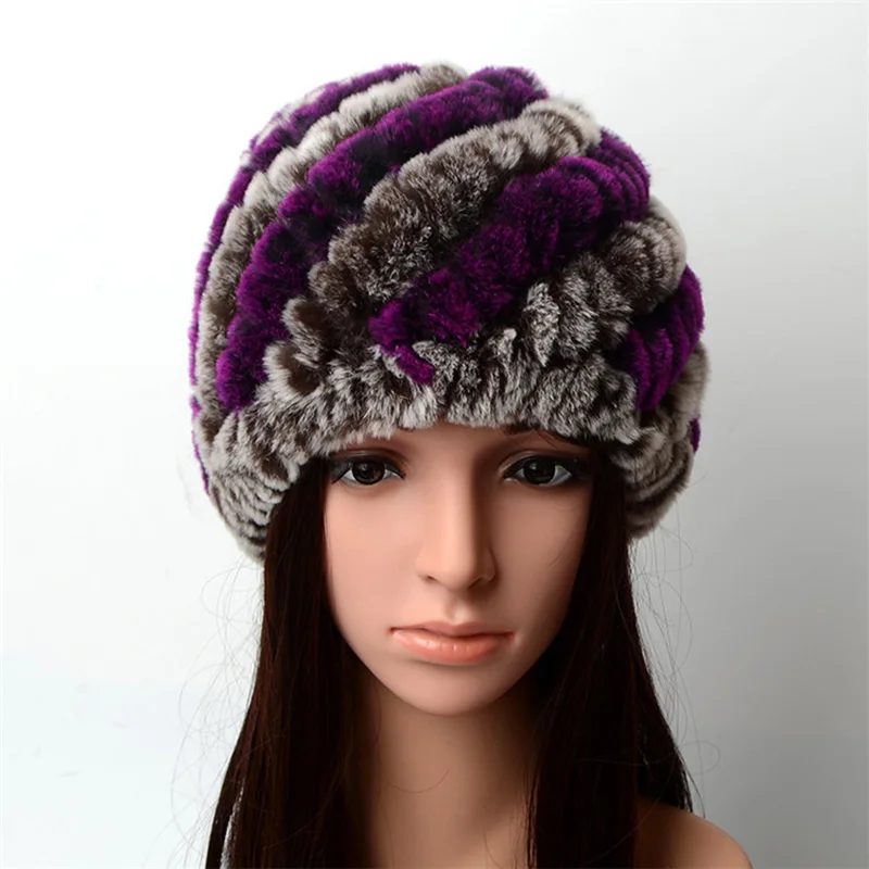 Brown Purple Зимняя женская шапка из толстого переплетения, настоящий мех кролика, цветная вязаная женская теплая зимняя шапка, элегантная шапка принцессы Z211 - Цвет: Brown Purple